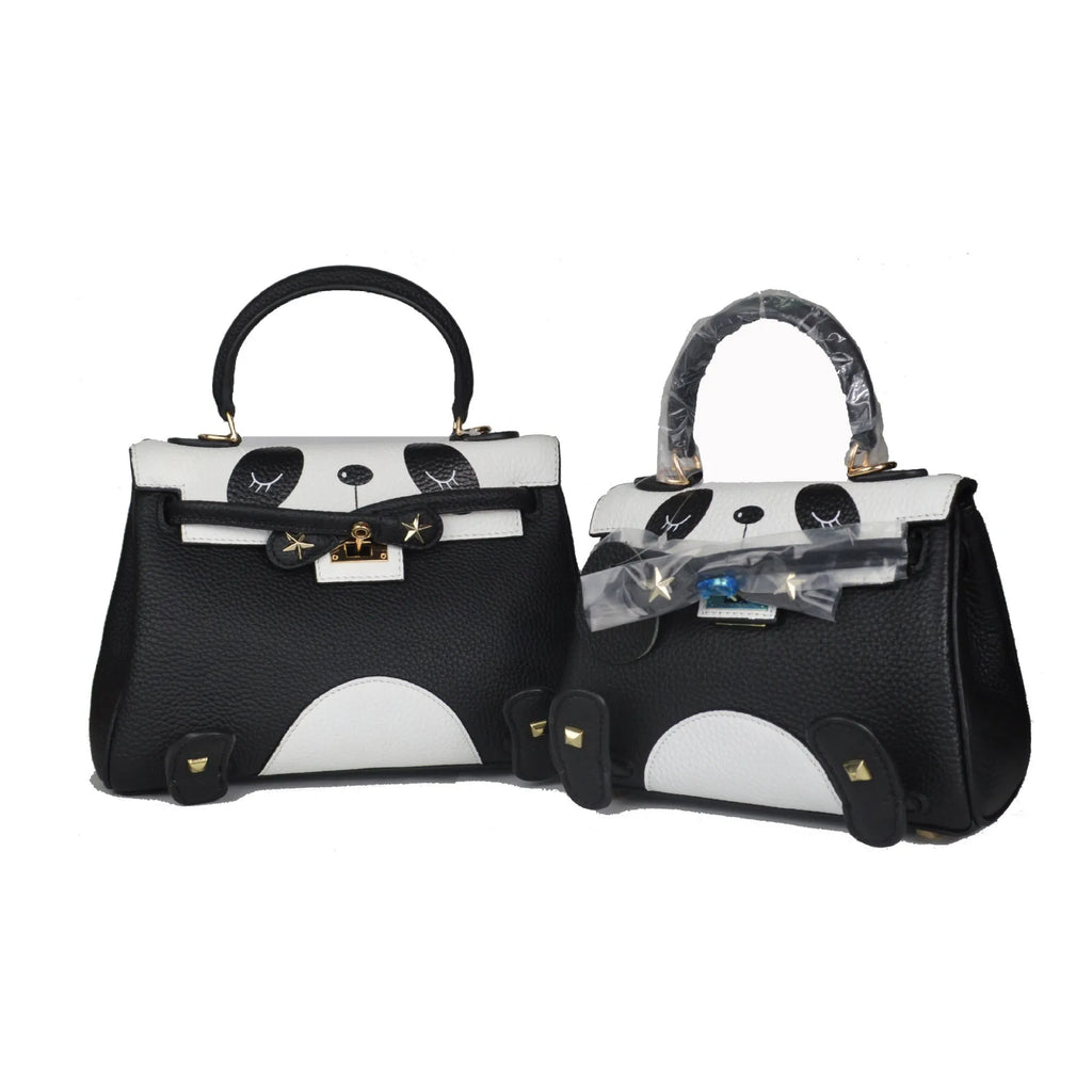 Panda print cowhide leather handbag in horizontal square shape showing two size options