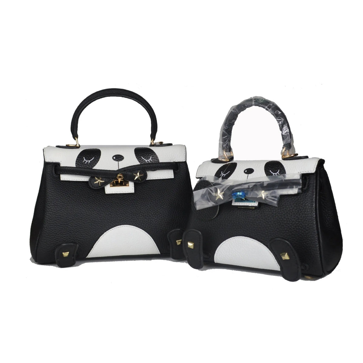 Panda print cowhide leather handbag in horizontal square shape showing two size options