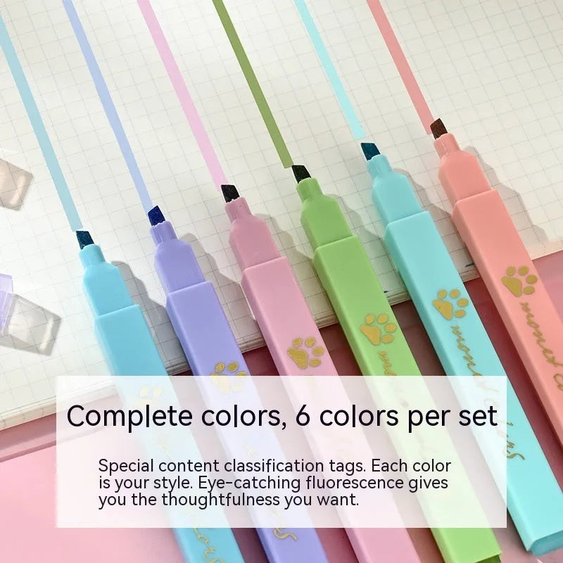 Box of six Cat's Paw fluorescent marking pens with oblique tips in assorted colours for office and school use.