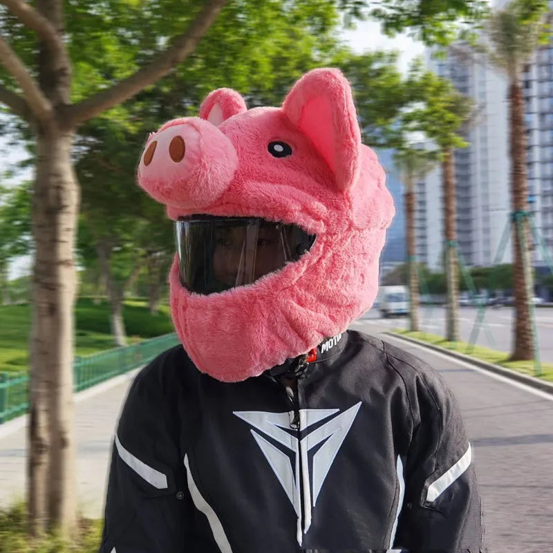 Pink pig cartoon plush hood for motorcycle helmet protection