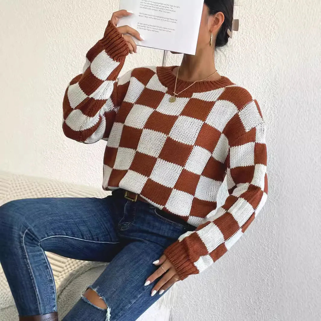 Dark brown plaid acrylic women's sweater with loose fit and round neck
