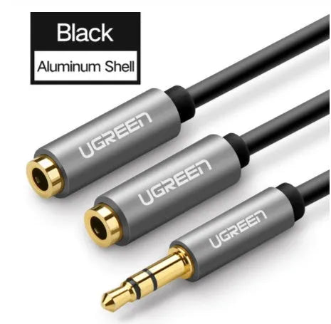 20cm black earphone cable with gold-plated 3.5mm connectors beside grey and white colour options