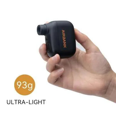 Black mini electric bicycle pump with USB charging port and compact dimensions