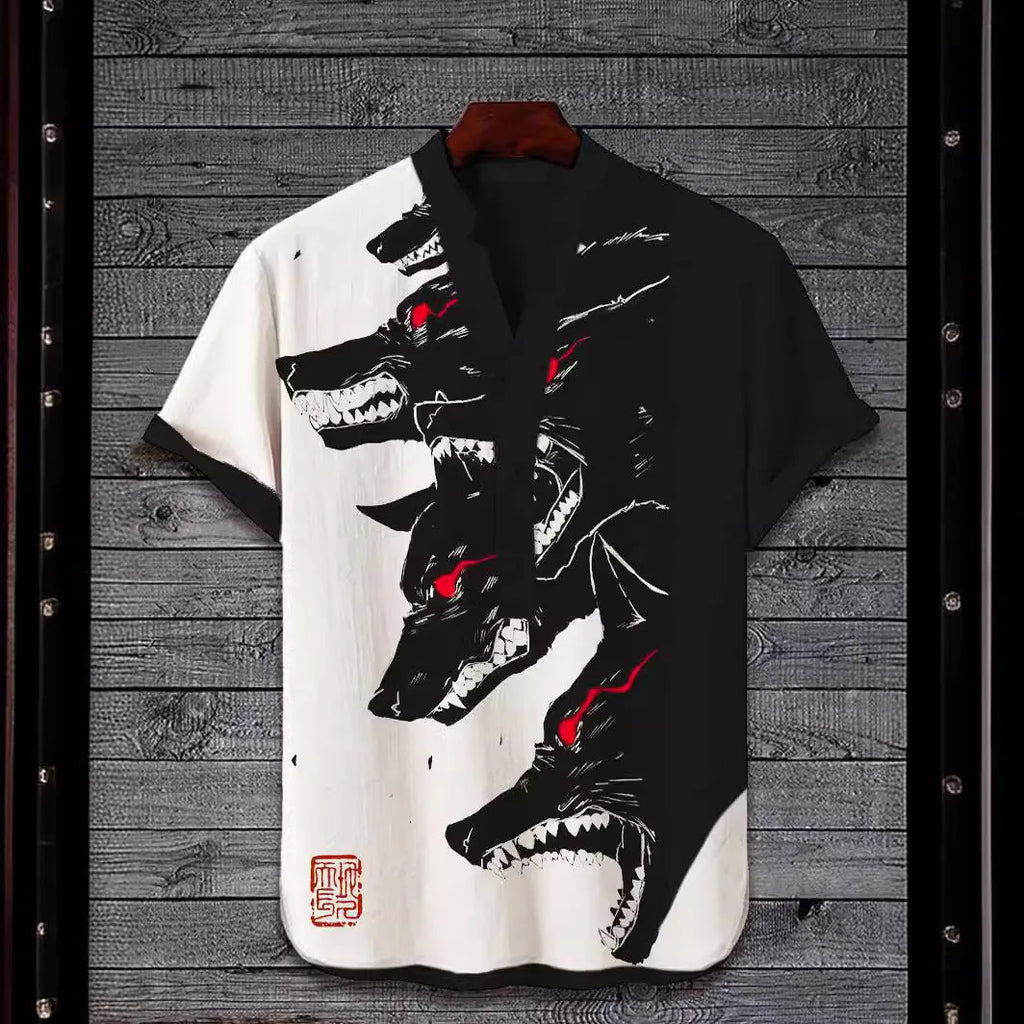 Man wearing a short sleeve shirt with a colourful digital animal graphic print on the front.