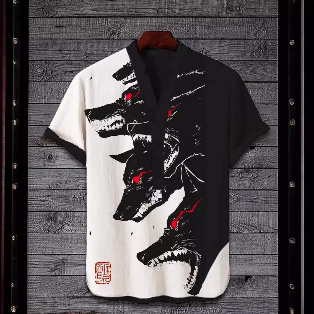 Man wearing a short sleeve shirt with a colourful digital animal graphic print on the front.