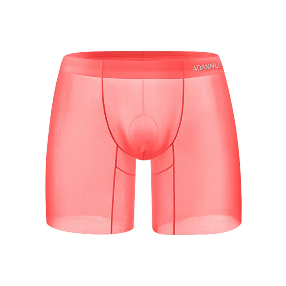 Seamless men's boxer shorts in quick-dry nylon fabric available in orange, pink, and red colours