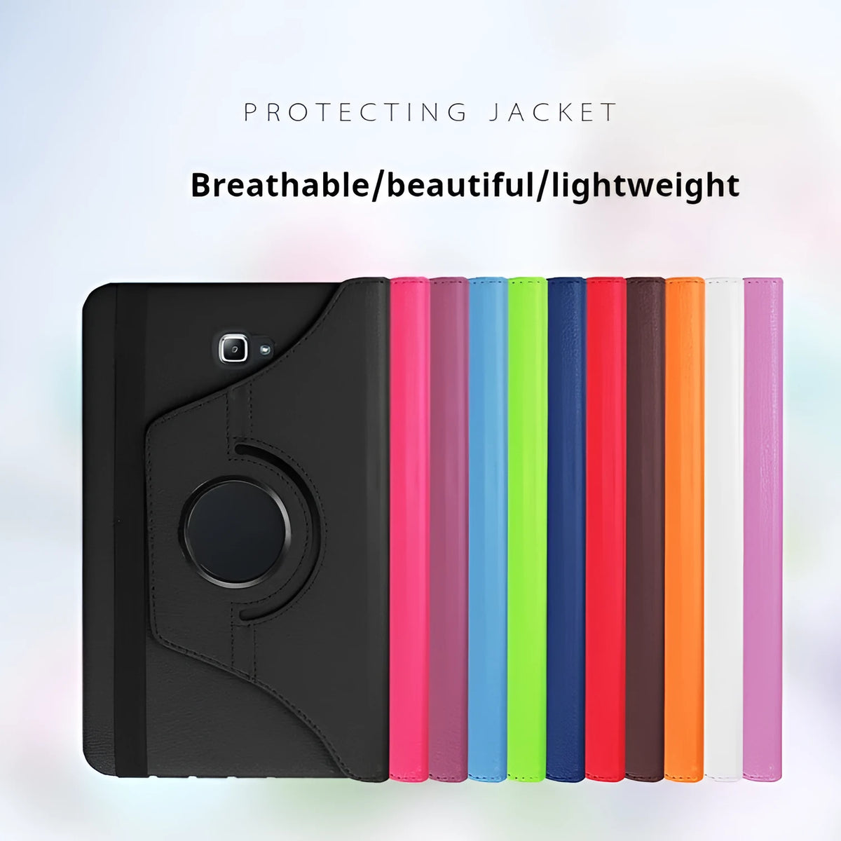 Rotating leather tablet case in clamshell design showing ten colour options including rose red, dark blue, and crystal purple