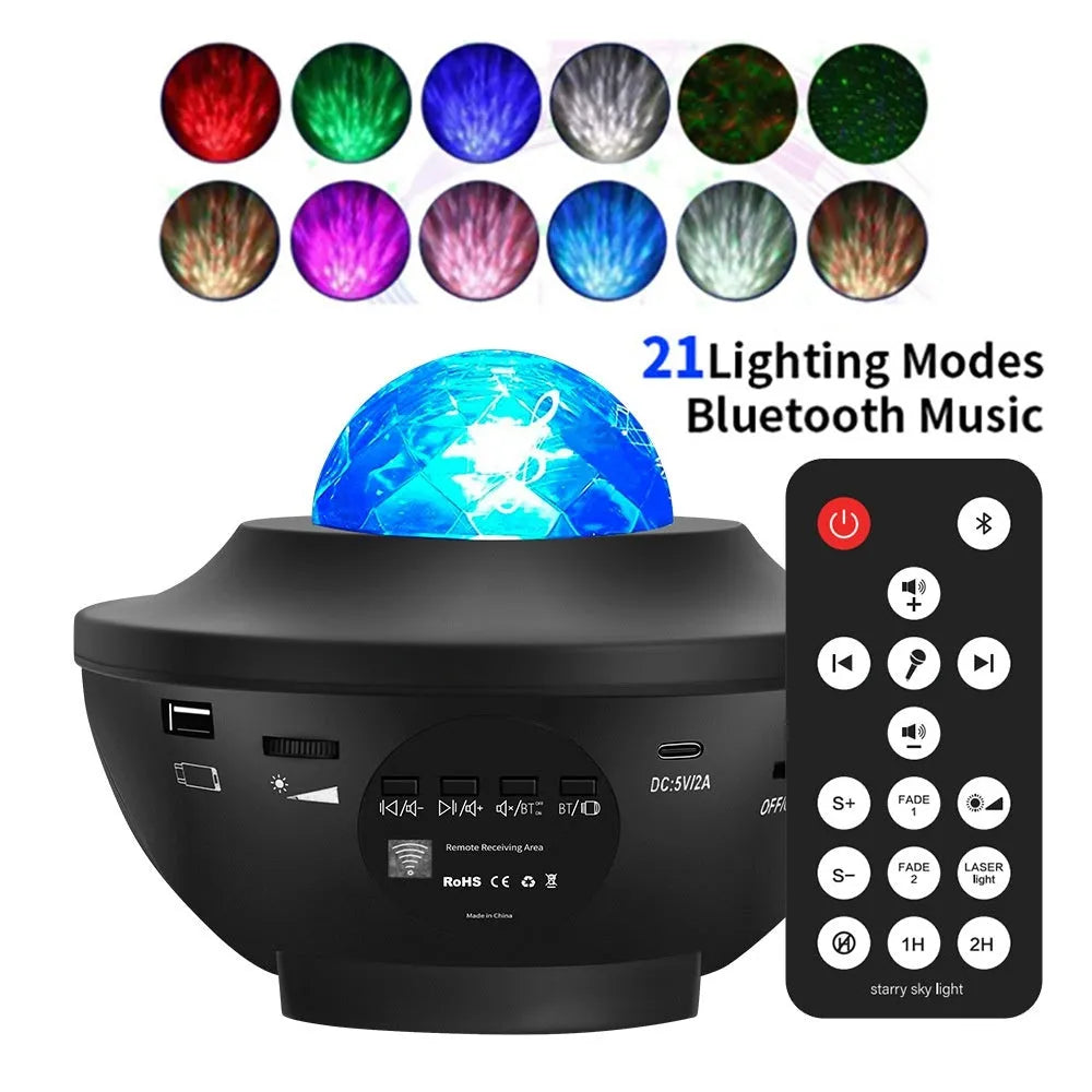 Black parallel style starry sky projection lamp with USB cable and remote control on desktop