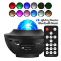 Black parallel style starry sky projection lamp with USB cable and remote control on desktop