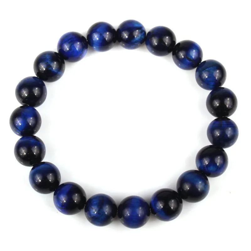Natural tiger eye crystal beaded bracelet showing round beads in a choice of colours and sizes.
