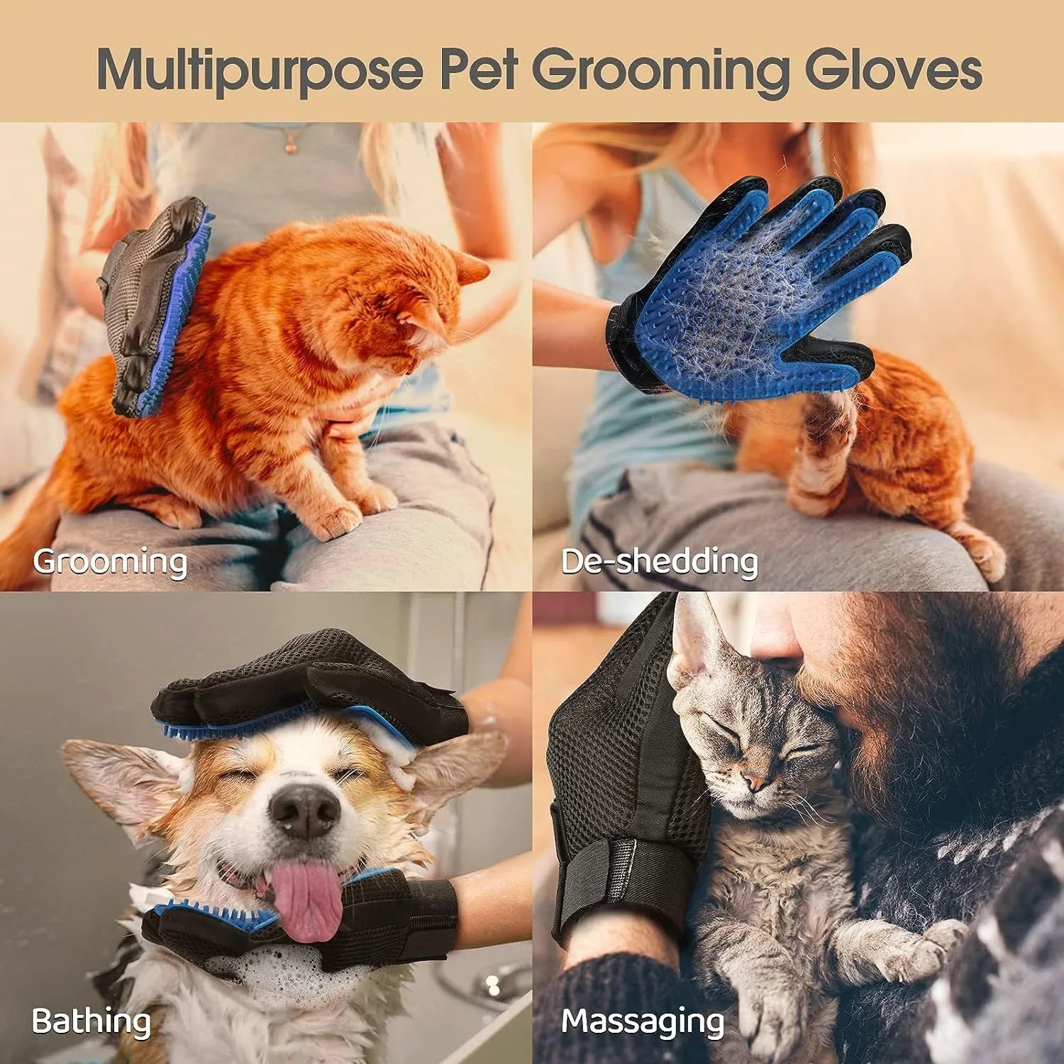 Blue pet grooming glove with silicone tips for dog and cat hair removal