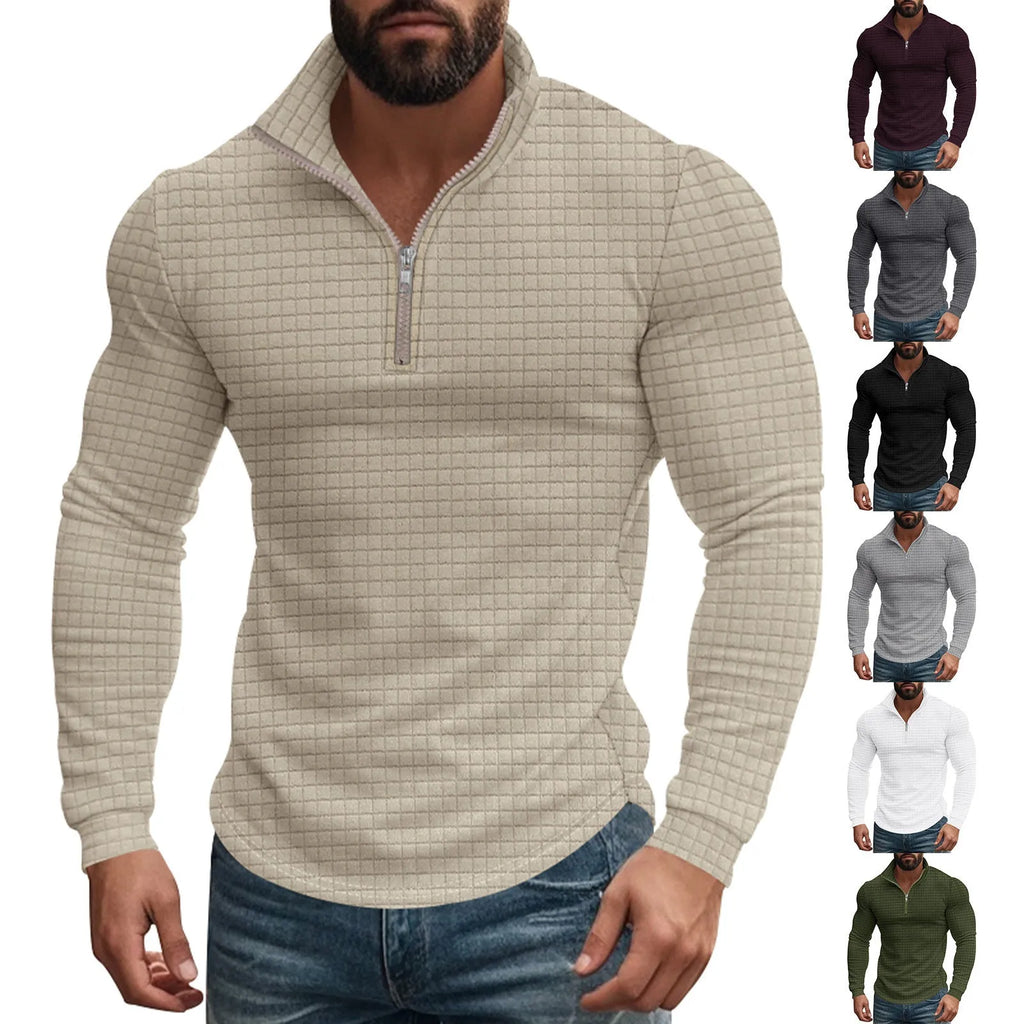 Half zip plaid pullover sweater with stand collar and long sleeves in white, black, wine red, army green, khaki or grey.