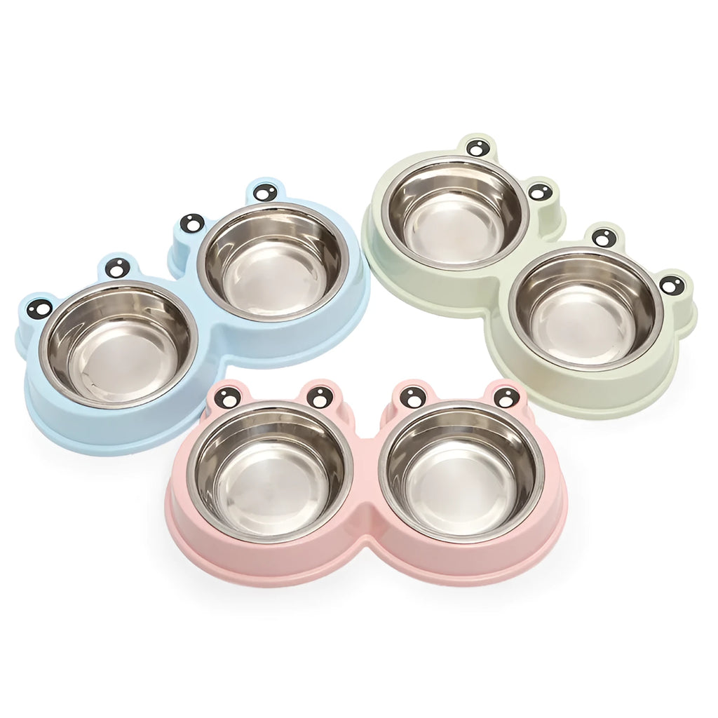 Stainless steel pet bowl with ceramic frog base and dual food water compartments