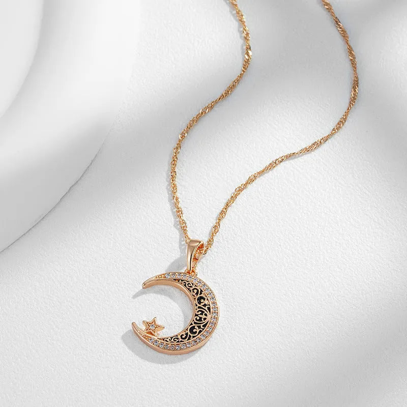 Rose gold star and moon necklace with zircon and enamel pendant on water wave chain