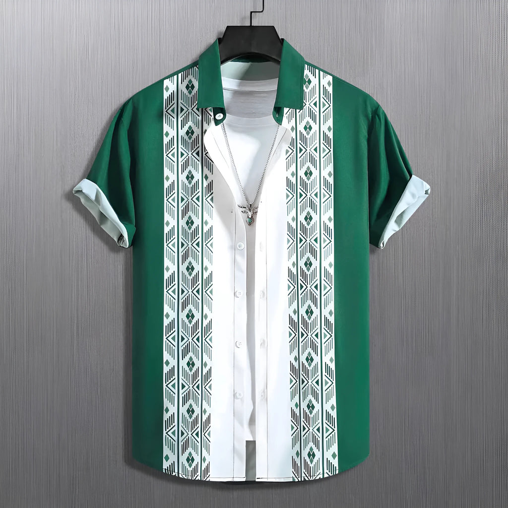Men's loose fit short-sleeved lapel shirt with a printed plaid pattern, shown in a choice of colours.