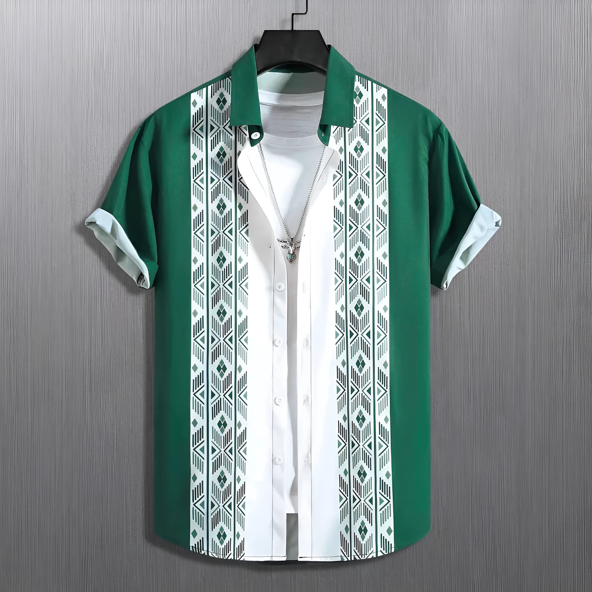 Men's loose fit short-sleeved lapel shirt with a printed plaid pattern, shown in a choice of colours.