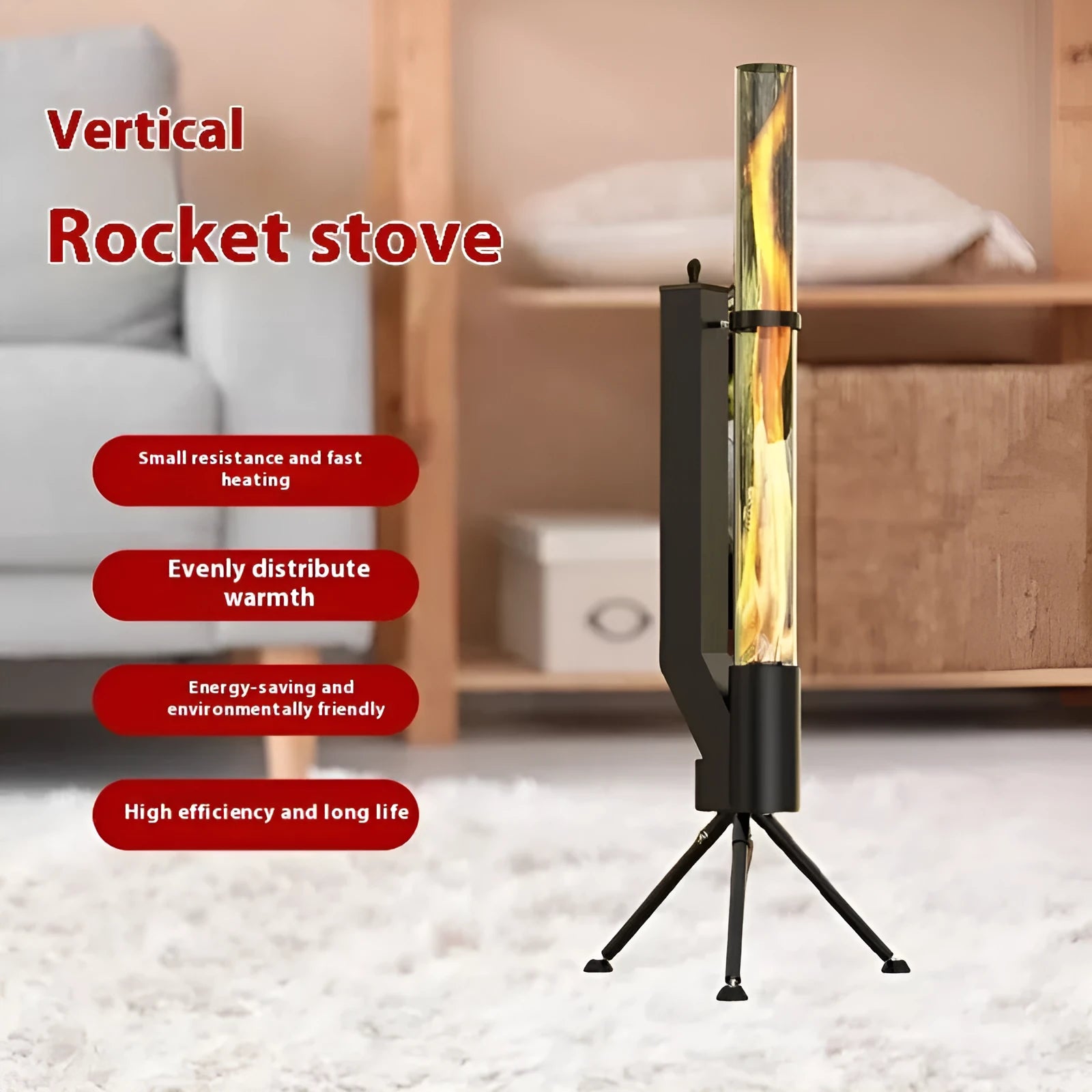 Vertical wood burning rocket furnace courtyard heating stove with cast iron construction