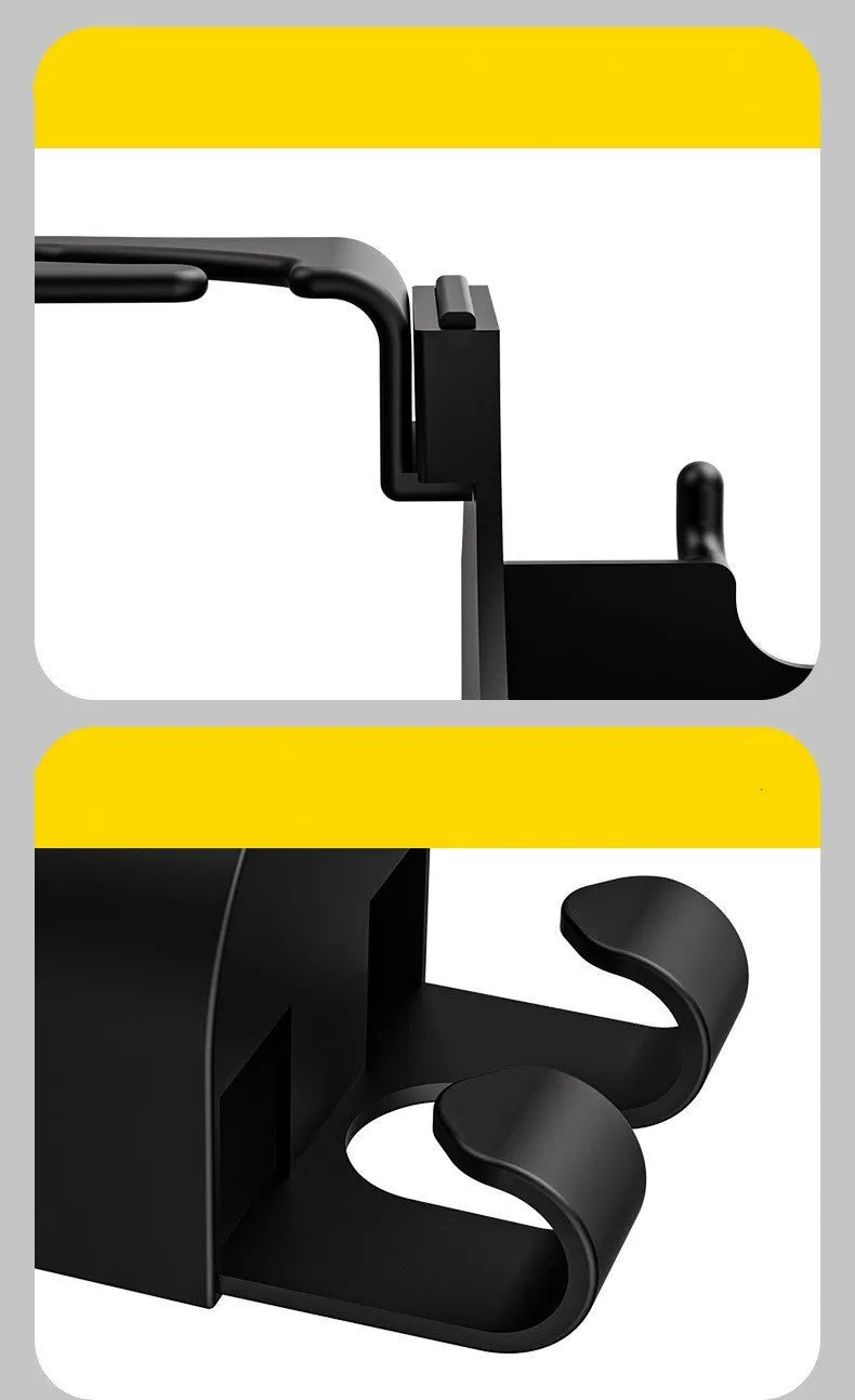 Black plastic car hook seat back organiser with cup holder measuring 8.5x7.1x14.4cm