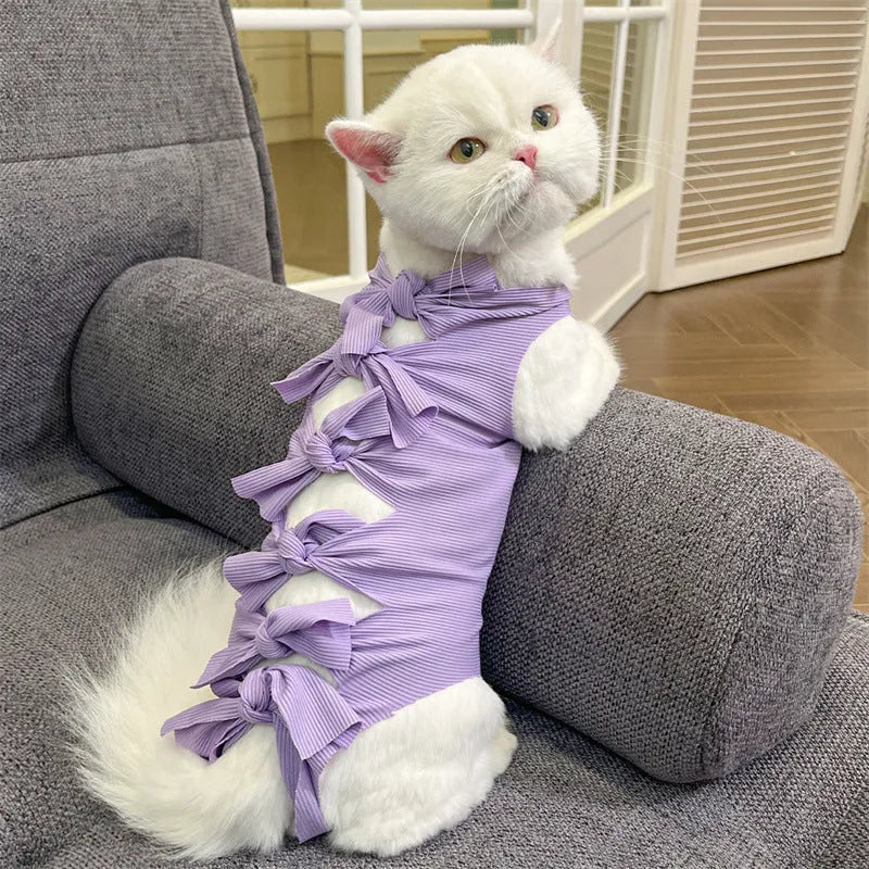 Lace-up cat sterilization clothing in blue colour with size labels for post-operation recovery