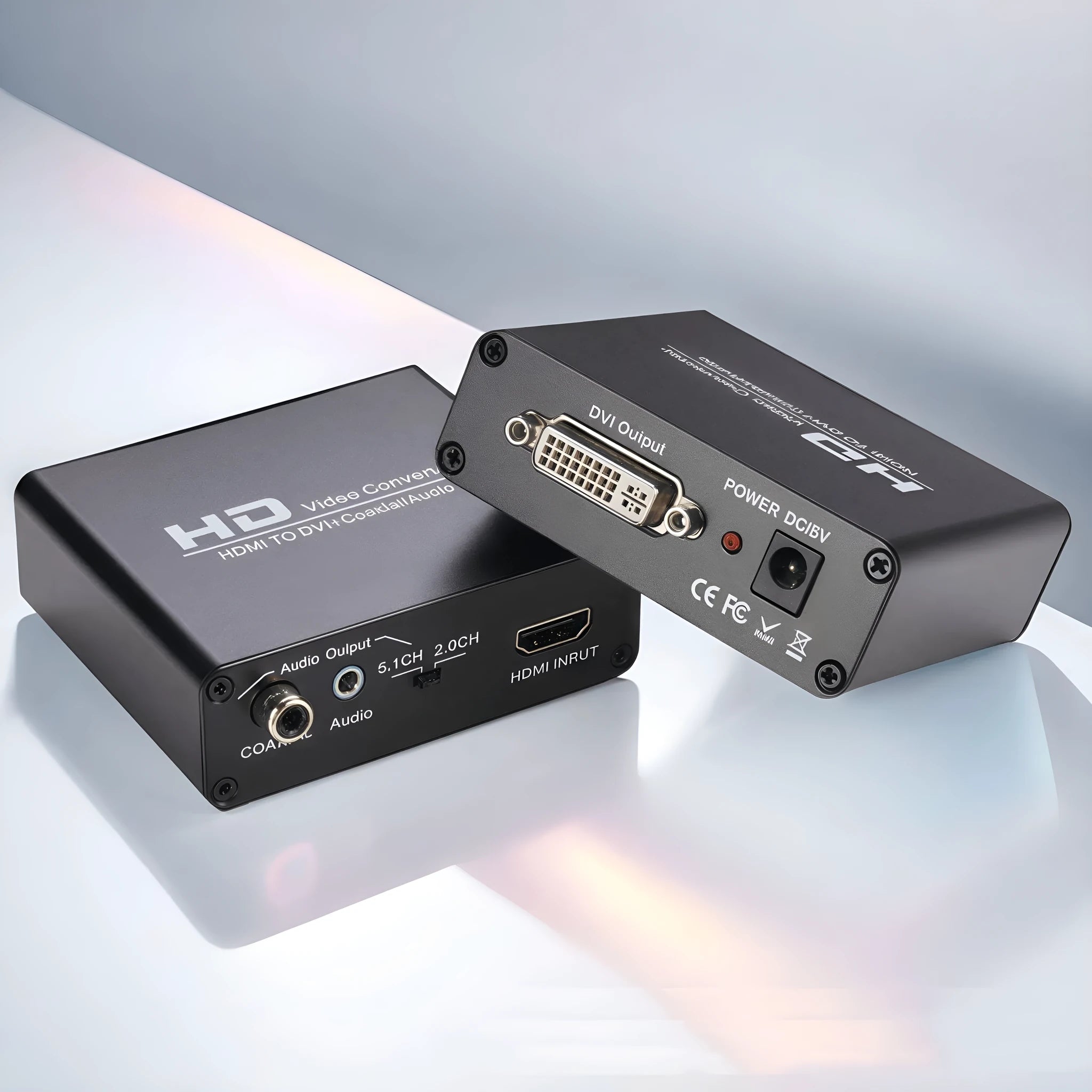Black HDMI to DVI converter cable with coaxial audio output and power supply unit