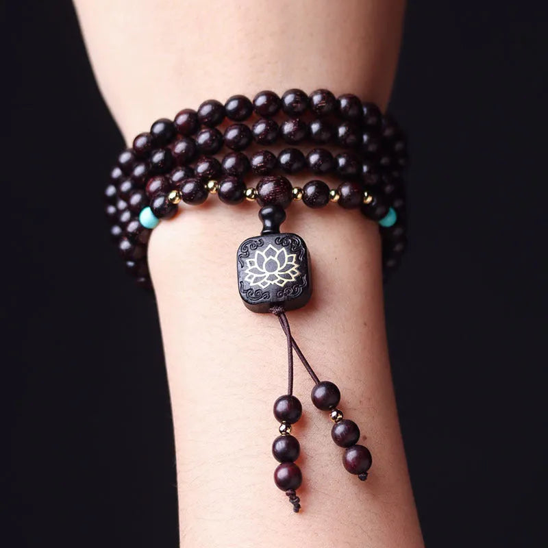 Zambia rosewood Buddha beads bracelet with flat lotus pendant, 108 wooden beads 0.6cm diameter