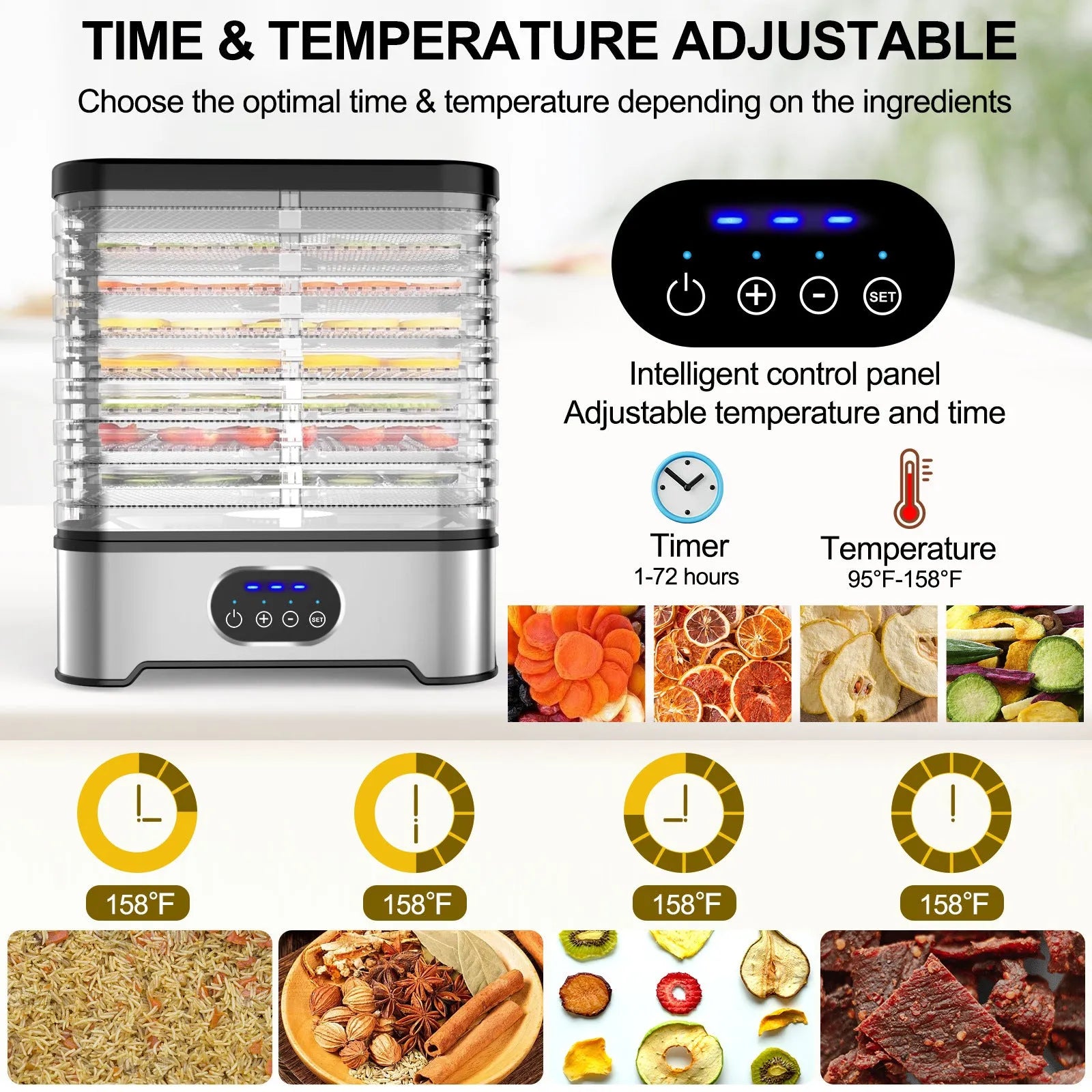 Silver household food dehydrator with eight stacking trays showing temperature controls and ventilation