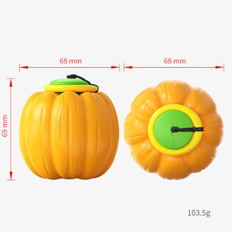 Green, orange, and yellow plastic pumpkin-shaped dog chew toy with squeaker for small dogs.