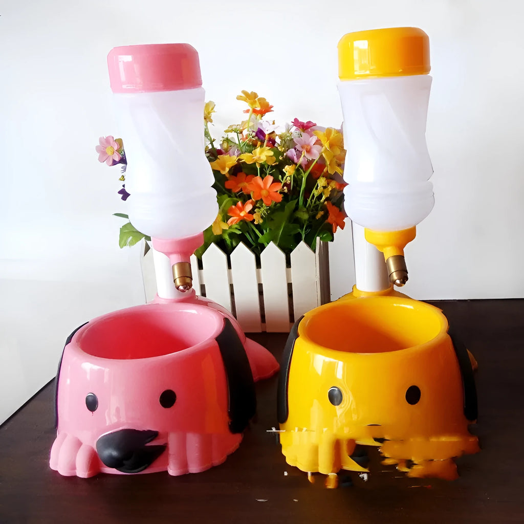 Adjustable plastic pet drinking bowl with rod lift mechanism in pink, blue, or yellow colours