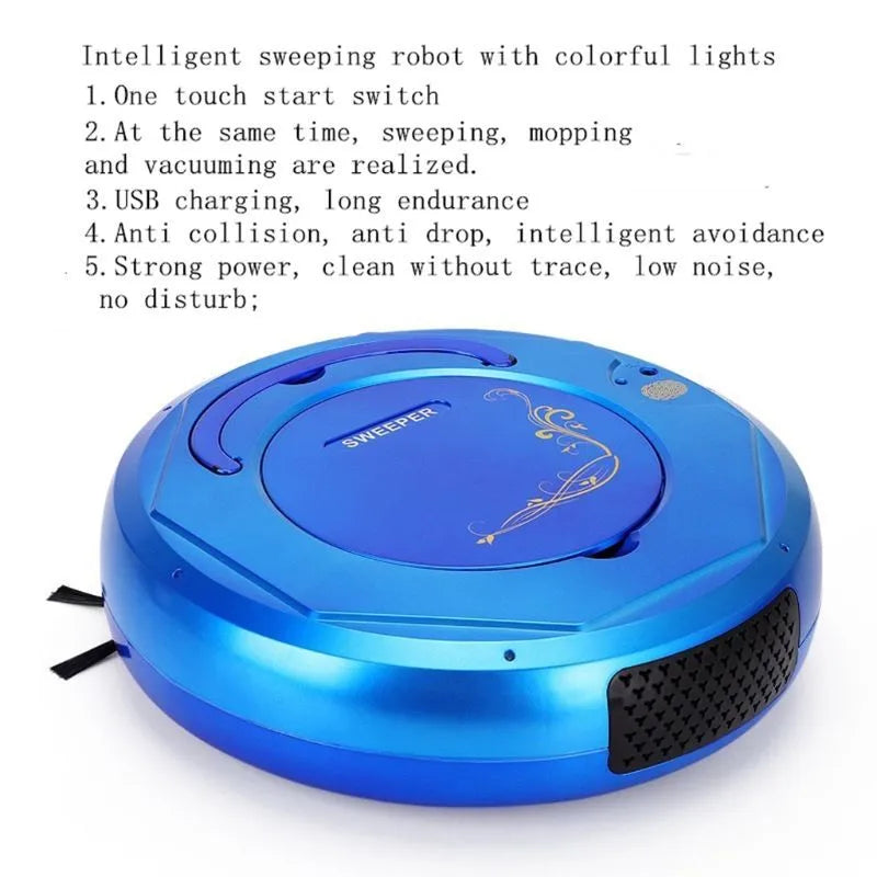 Blue round robot vacuum cleaner on a wooden floor next to its charging cable.