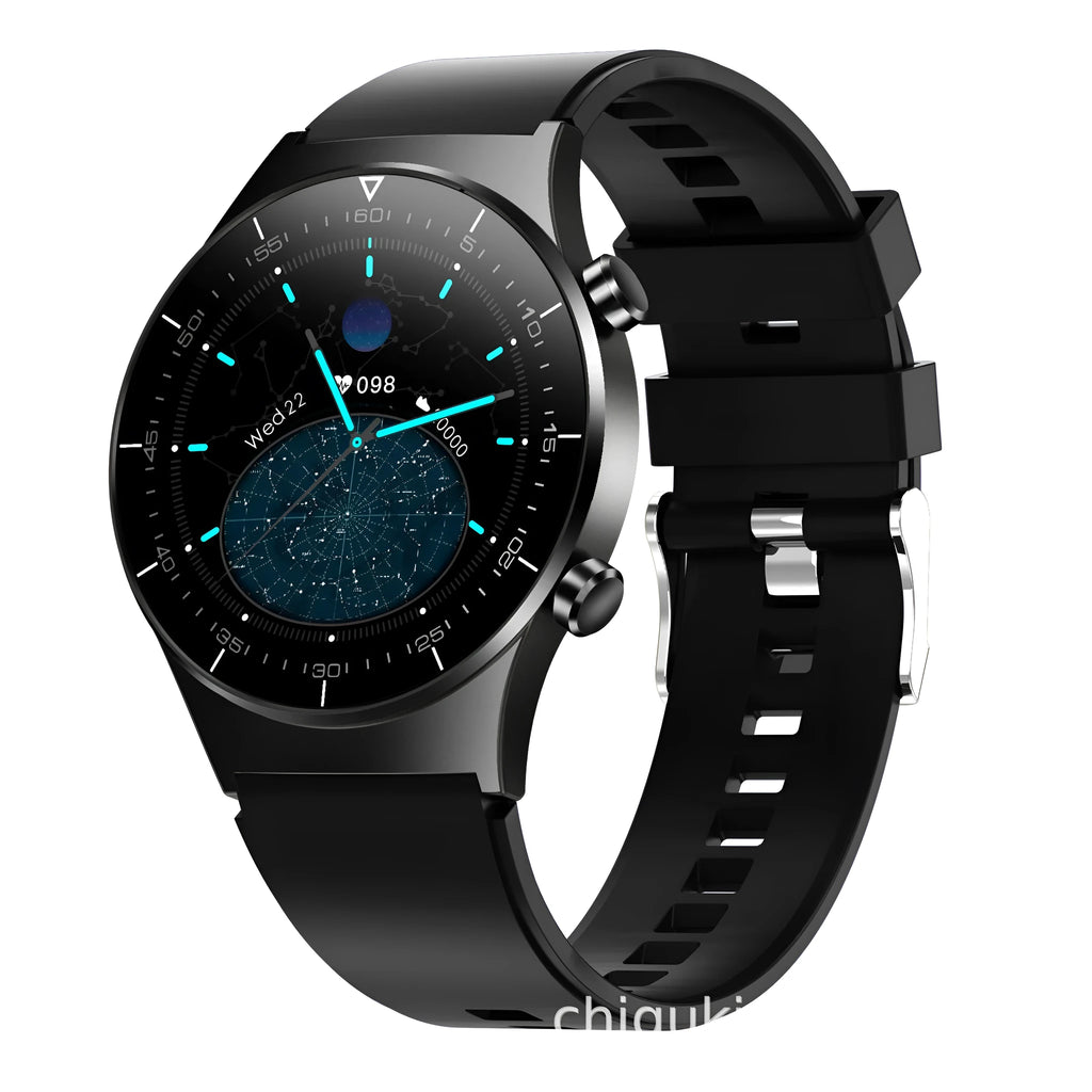 Black TPU smart watch with 1.28-inch glass touchscreen displaying heart rate and step count data