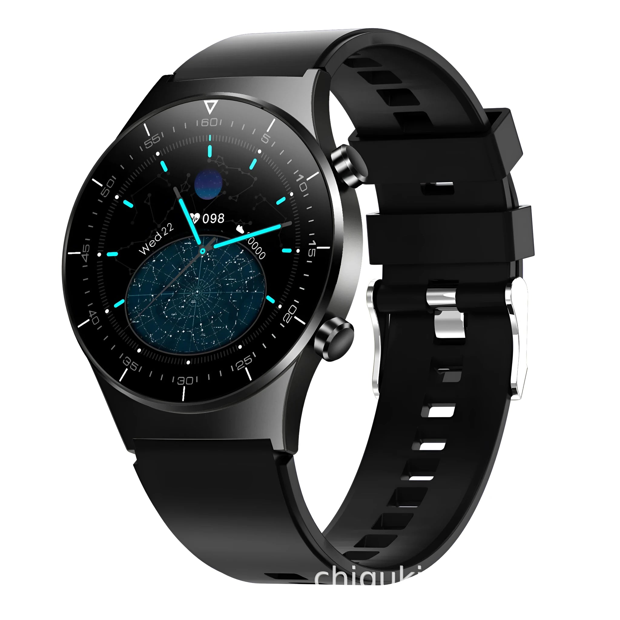 Black TPU smart watch with 1.28-inch glass touchscreen displaying heart rate and step count data