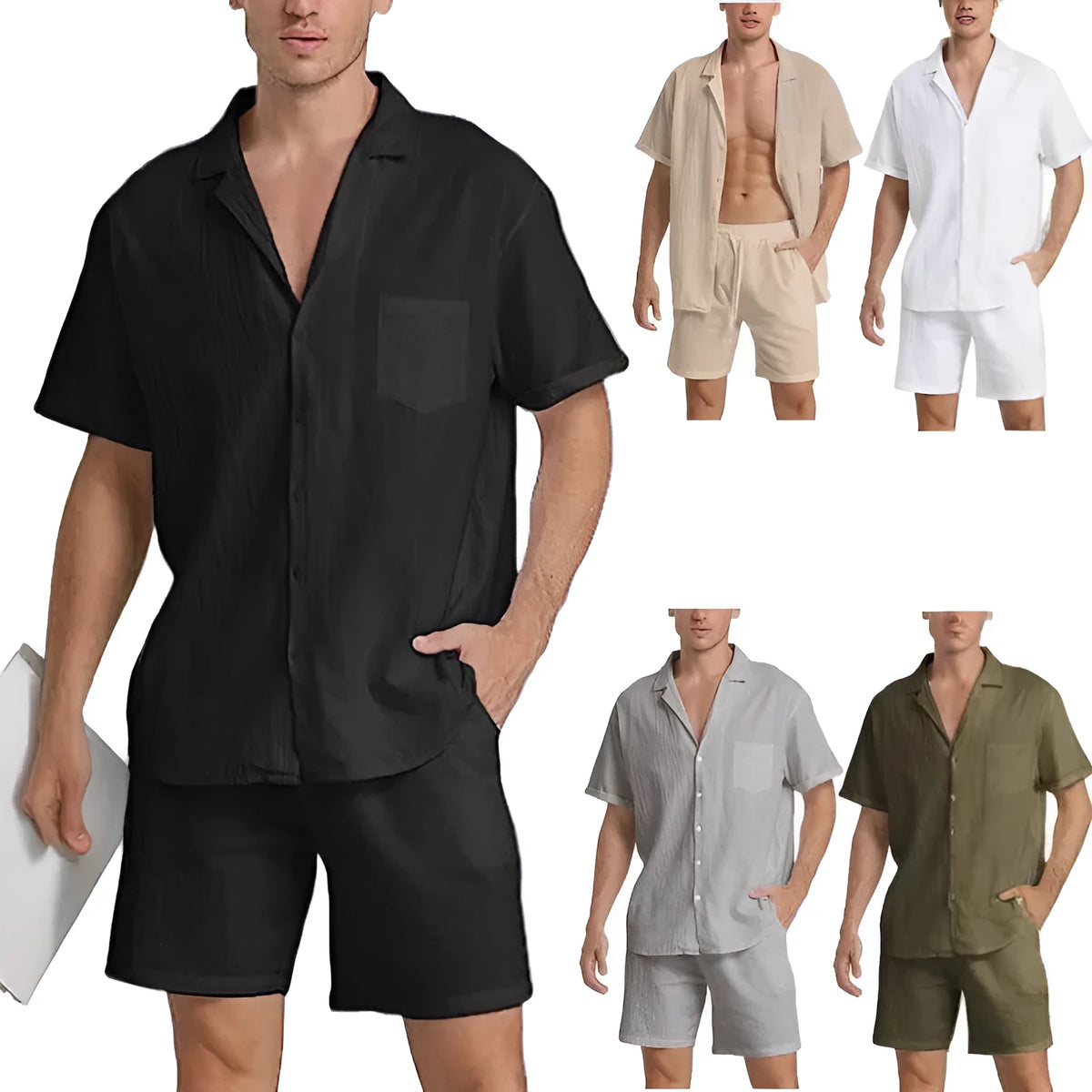 Men's flax summer sports shorts suit in army green with short-sleeved top
