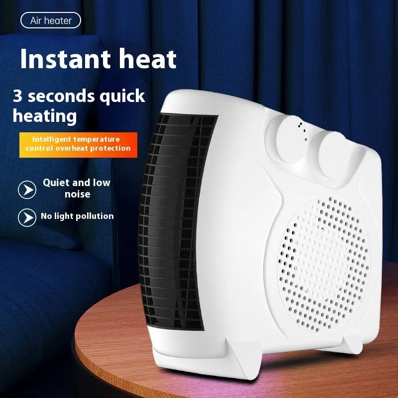 Compact white electric heater with adjustable power settings for desktop use