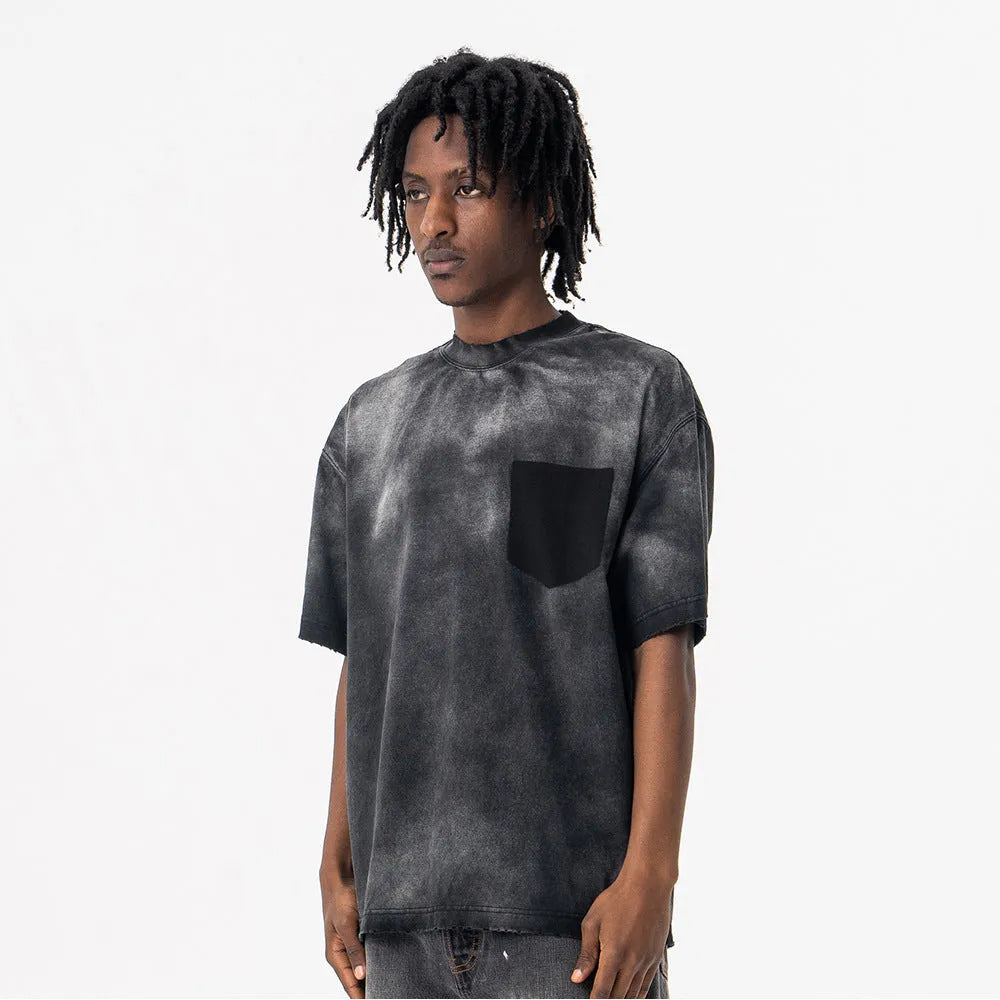 Men's black loose-fit cotton T-shirt with printed letter pattern and drop-shoulder short sleeves
