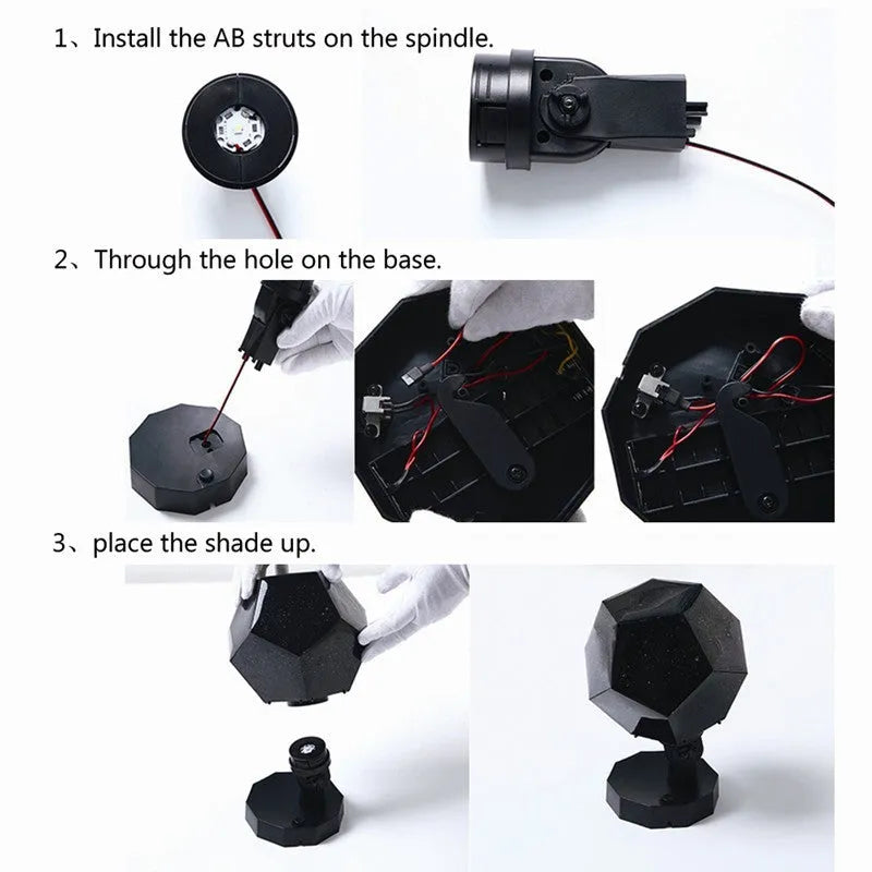 LED starry sky projection night lamp showing constellations on a bedroom ceiling, with remote control.