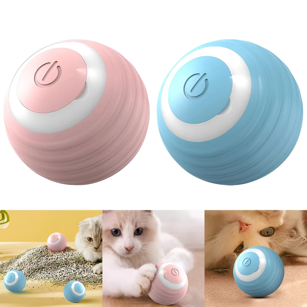 Blue rechargeable automatic moving cat toy ball with USB charging cable for indoor feline play