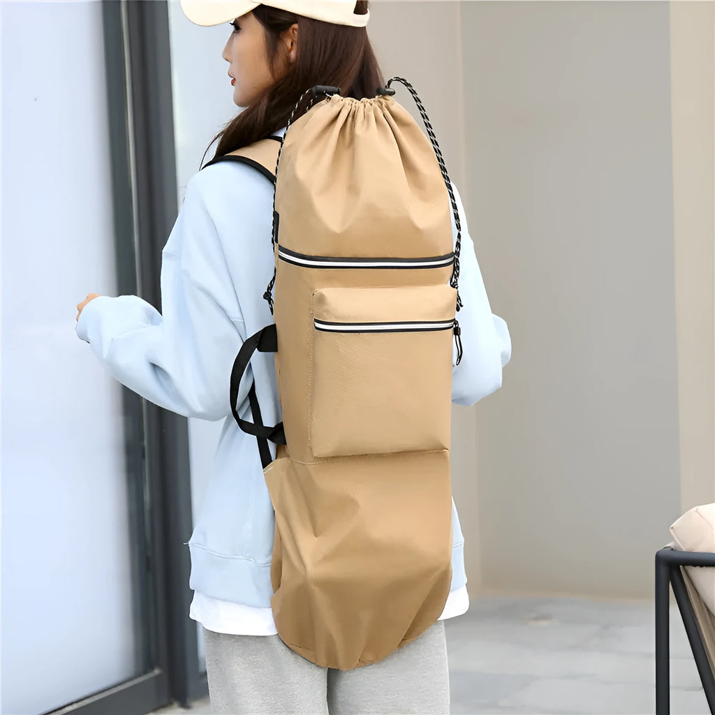 Waterproof nylon skate bag for yoga and outdoor sports gear in black, showing 20-35 litre capacity.