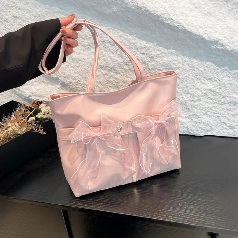 Black college style bow tote bag with large capacity and double shoulder straps