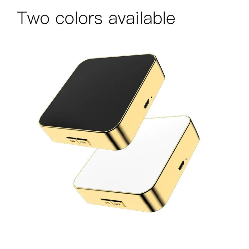 Black and white lighted vanity makeup mirror showing dual-sided design with magnification and adjustable colour temperature dial.