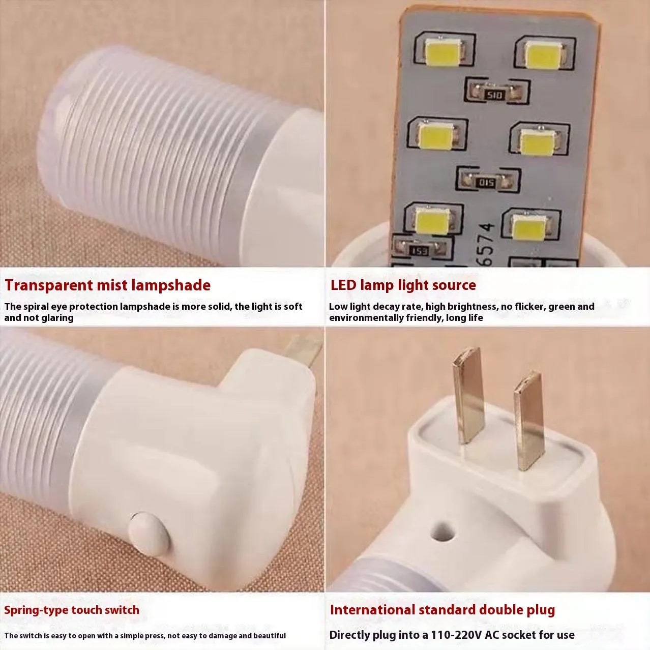 Minimalist plug-in bedside night light with US plug and dual light modes