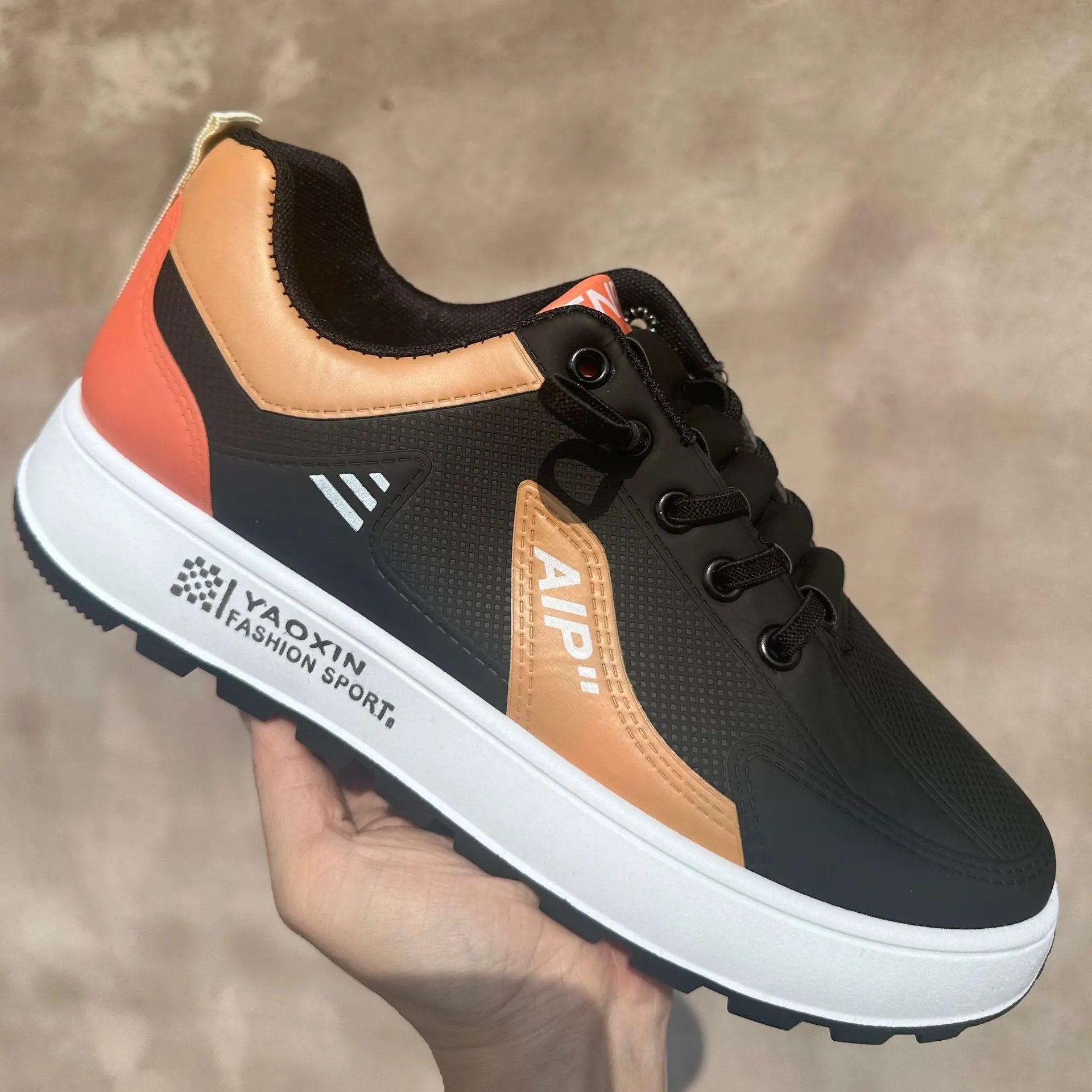 Men's white casual shoes with orange accents, artificial PU upper and round toe