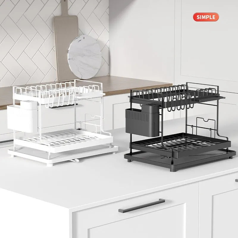 White double-layer metal kitchen draining rack with a removable plastic drip tray underneath