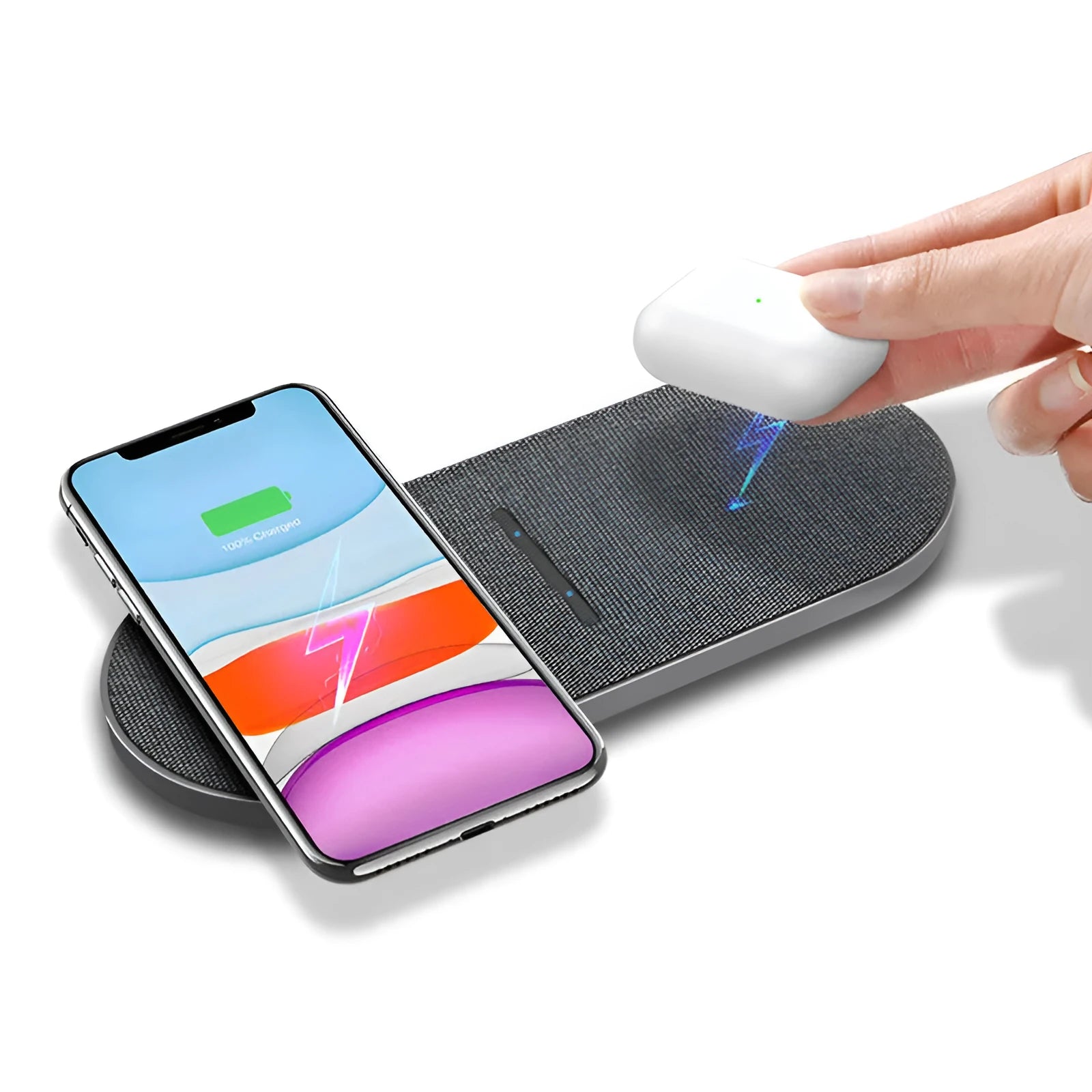 Black wireless charging pad pair showing two flat charging surfaces with indicator lights