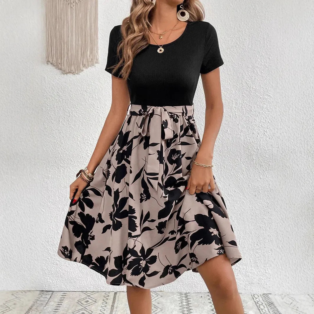 Women's khaki casual dress with printing lace-up design, A-line skirt, and shoulder strap