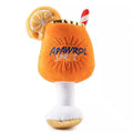 Yellow beer bottle shaped plush dog chew toy with textured surface and squeaker mechanism