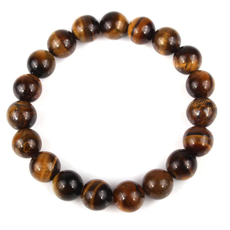 Natural tiger eye crystal beaded bracelet showing round beads in a choice of colours and sizes.
