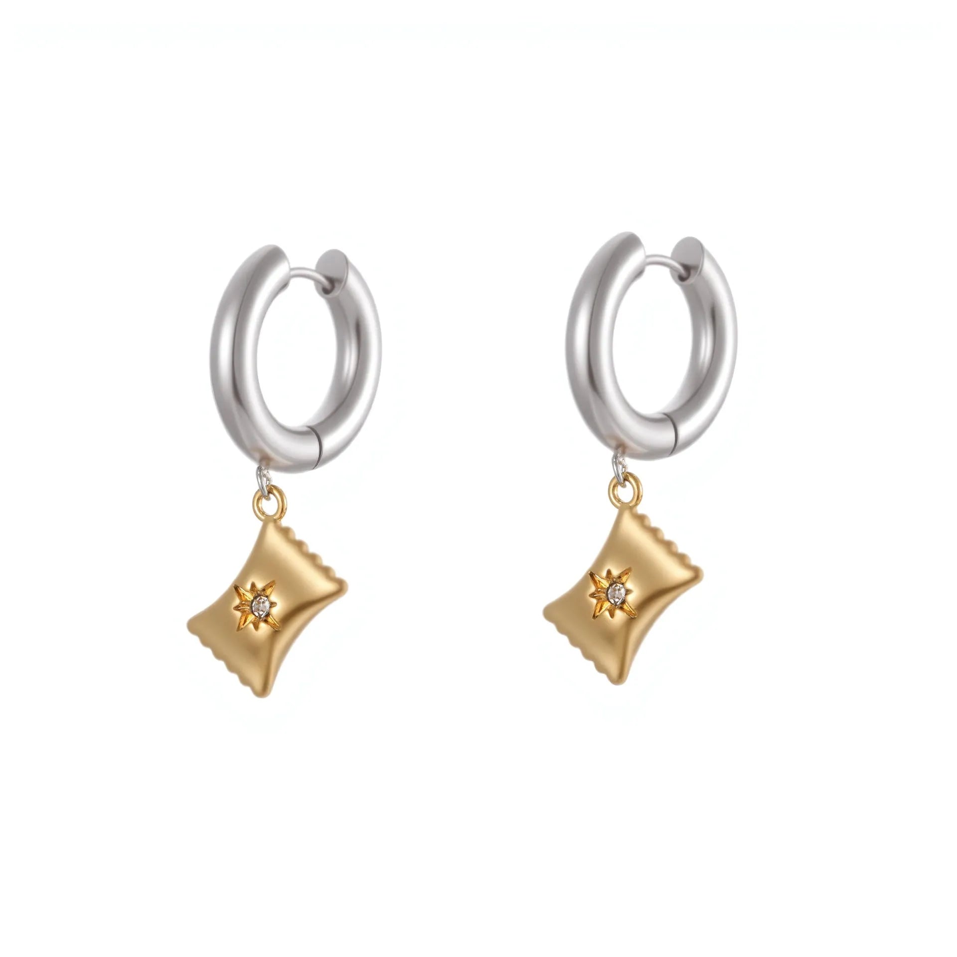Christmas Tree Heart Earrings in stainless steel with 18K gold electroplating showing heart and star geometric designs