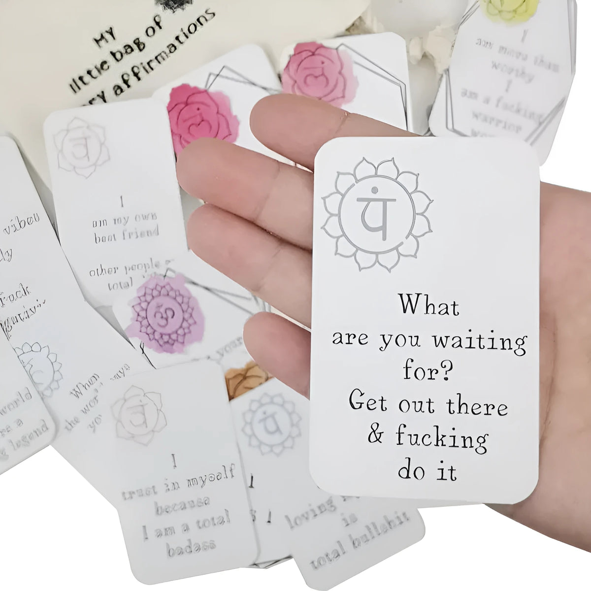 16 funny affirmation cards in soft adorable healing style with greeting card bag