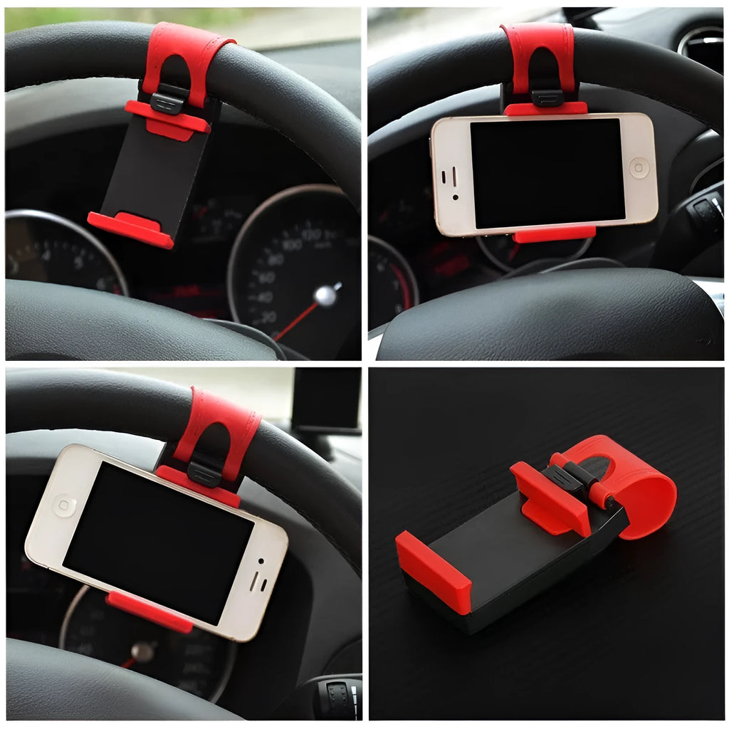 Black steering wheel phone mount holder attached to car steering wheel with smartphone displayed