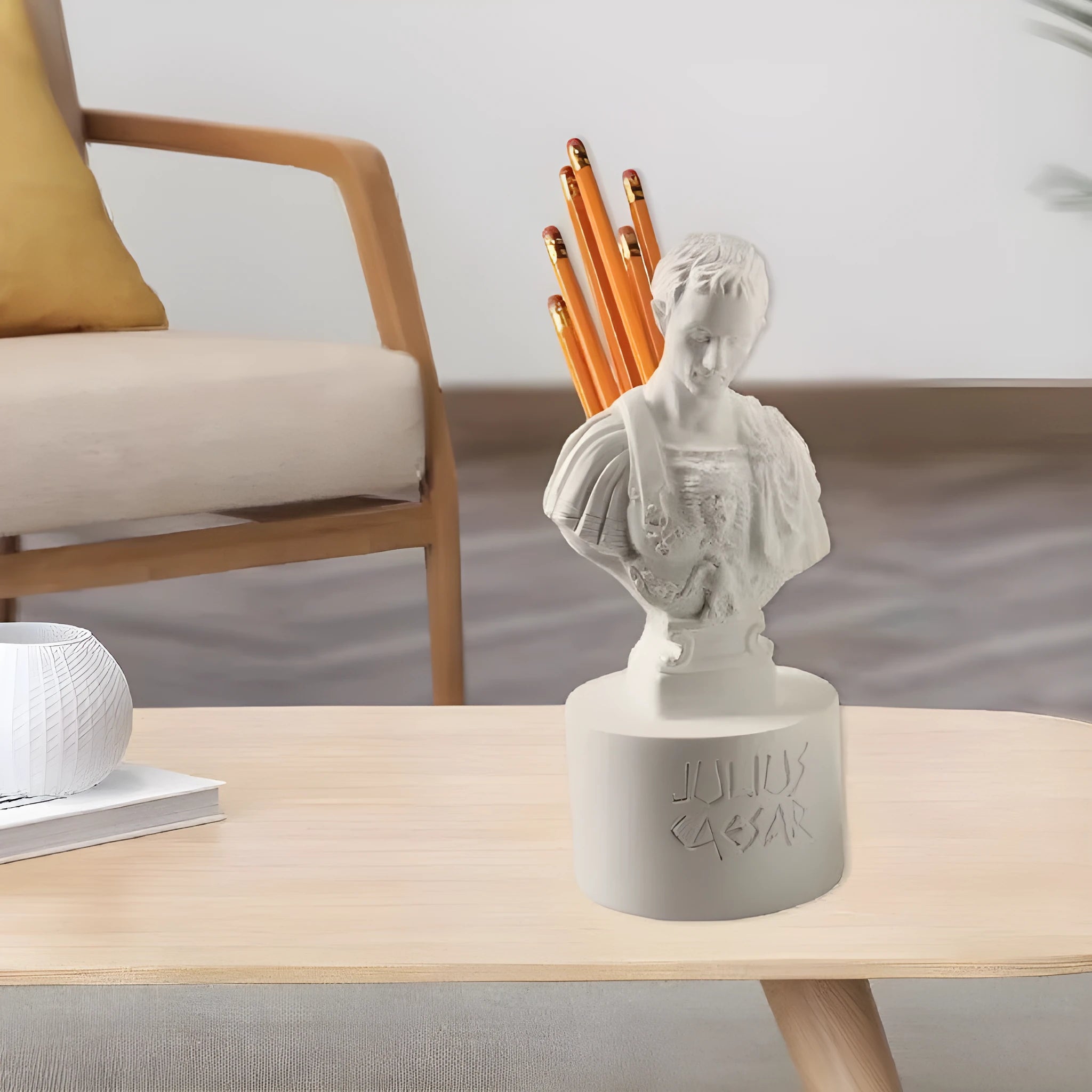 White American style character modeling pen holder with cartoon design in synthetic resin